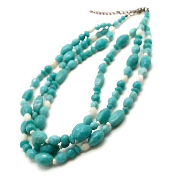 Triple Strand Faux Turquoise (Dyed Howlite) & White Beaded Necklace - Picture 6 of 12